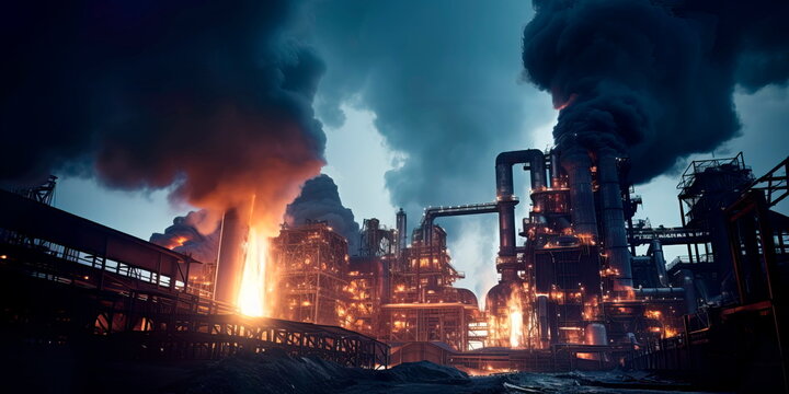 A massive steel mill with towering furnaces and sparks flying as raw materials are transformed into beams and plates for construction projects. Generative AI