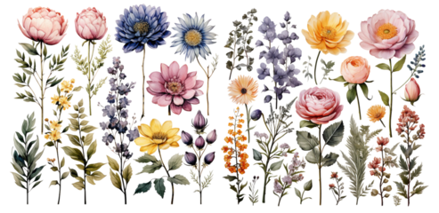 Watercolor flowers on a white background without shadows for illustration.