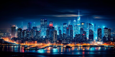 city skyline at night with illuminated buildings representing global economic hubs and centers of power. Generative Ai