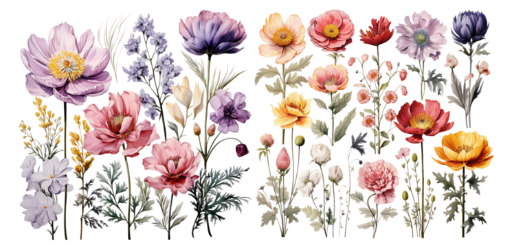 Watercolor flowers on a white background without shadows for illustration.