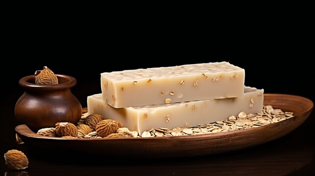 Handmade Oatmeal milk honey soap background with Empty copy space for text. Generative AI. 