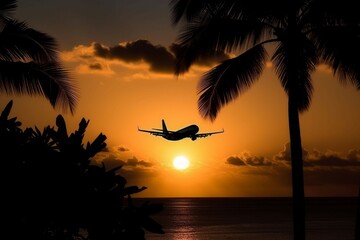 Airplane tropical sunset. Generate Ai