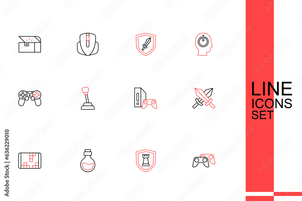 Poster set line game controller or joystick, chess shield, bottle with magic elixir, portable video game co