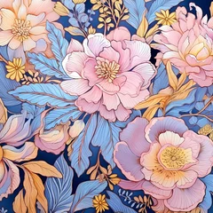 Foto op Plexiglas anti-reflex Pastel blue, pink and yellow painted floral seamless pattern, generative ai © Zelma