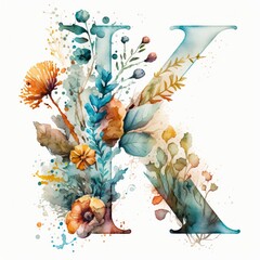 K letter flower, watercolor style Generative AI