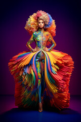 Woman in multicolored dress with large amount of feathers on her body.