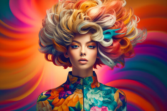 Image of woman with colorful hair and flowered top on.