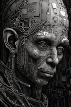 Black and white photo of man's face with circuit board on it.