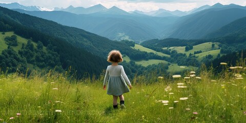 Fototapeta na wymiar Girl walking on hill meadow. Capturing beauty and freedom in summer landscape