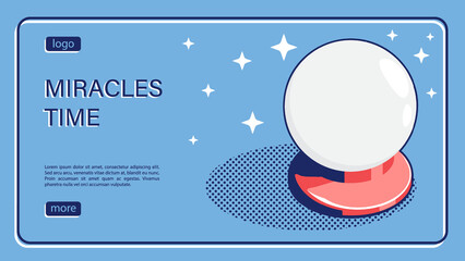 Isometric landing page, entertainment service agency promotion banner, surprise and gifts. Magical crystal ball with magical sparks. Isometric vector linear banner top view