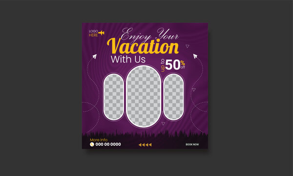 Travel holiday vacation social media post banner or square flyer design template instragram post template with purple