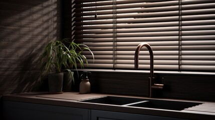 Stylish modern interior. Venetian black blinds in the kitchen created with Generative AI technology