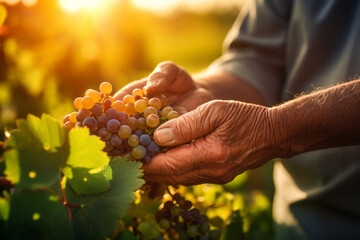Close up of farmer's hands holding grapes at sunset, created with Generative AI