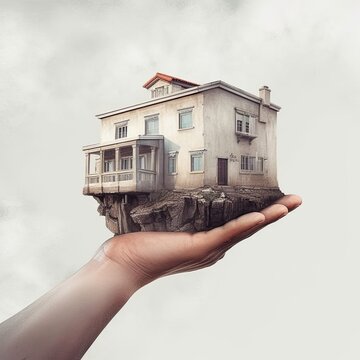 A house in one hand. Real estate sale concept. Generative AI