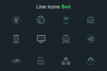 Set line Freelancer, Meeting, Video chat conference, 360 degree view, Mute microphone, Web camera, and icon. Vector