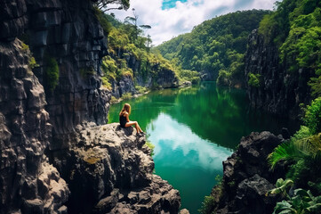 Obraz premium AI generated image of woman sitting on cliffs