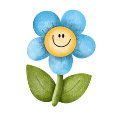 Smile Blue Flower,plant,flower,nature,watercolor,cartoon character,cute,icon ,vector, illustration,hand drawn,happy smiley face