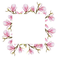 Floral square fame with watercolor pink magnolias flowers, buds and leaves Hand painted on white background illustration. Isolated. Design for wedding invitations and greeting cards or postcards 