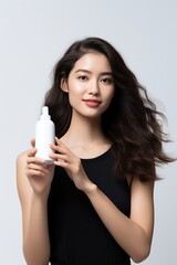 Beauty model holds bottle of shampoo or conditioner on white background.Generated with AI