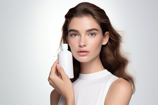 Beauty model holds bottle of shampoo or conditioner on white background.Generated with AI