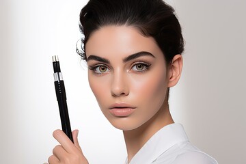 Obraz premium model in a white studio backdrop, skillfully applying eye lashes, eye lid, eyeliner, and mascara. Showcase the artistry of eye makeup. Generated with AI