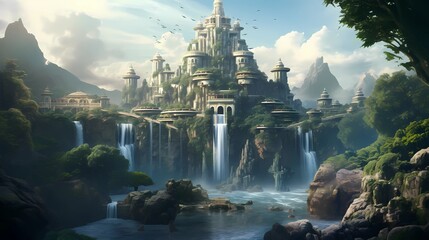 Castle Mountain with Fantasy landscape Realistic and Futuristic Style. Video Game's Digital CG Artwork, Concept Illustration, Realistic Cartoon Style Scene Design - 636231465