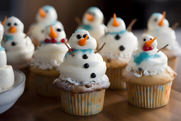 snowman cupcakes, whimsical snowman-themed treats with frosting