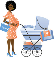 Modern pretty african pregnant woman with a pram and shopping bags