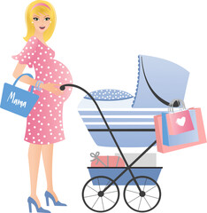 Modern pretty blonde pregnant woman with a pram and shopping bags