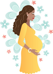 Pretty dark skin pregnant brown hair woman in red dress on floral background