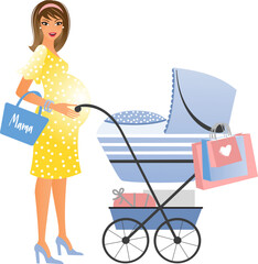 Modern pretty european pregnant woman with a pram and shopping bags