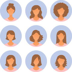 Set of modern graphic favicon female portraits in colour on circle background
