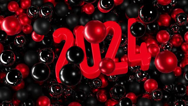 animation texte 2024 qui apparaît sous des billes noires, rouges et chromées
