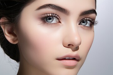 Fototapeta premium model in a white studio backdrop, skillfully applying eye lashes, eye lid, eyeliner, and mascara. Showcase the artistry of eye makeup. Generated with AI