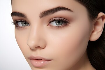 model in a white studio backdrop, skillfully applying eye lashes, eye lid, eyeliner, and mascara. Showcase the artistry of eye makeup. Generated with AI