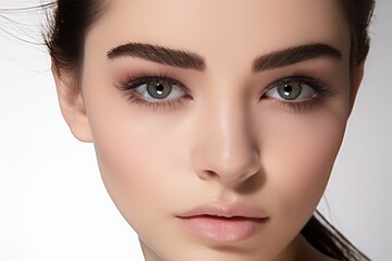Fototapeta premium model in a white studio backdrop, skillfully applying eye lashes, eye lid, eyeliner, and mascara. Showcase the artistry of eye makeup. Generated with AI