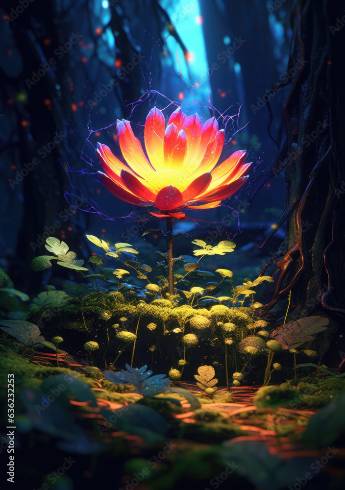 Wall mural Glowing flower in magic forest