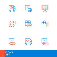 Fototapeta premium Set line Item price tag with dollar, Delivery cargo truck, Shopping list, Tax cardboard box, New collection, Online shopping screen and icon. Vector
