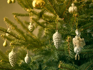 Beautiful natural Christmas  Tree with vintage decorations. Close-up