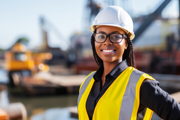 Portrait of young black woman engineering graduate in a shipyard. Concept of women in engineering jobs - 636233030