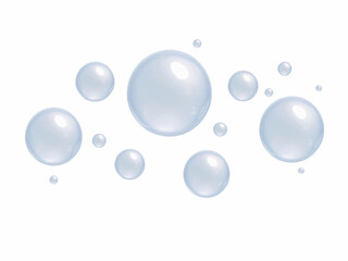Obraz premium Plenty of bubbles float in the air. Big and small blue water droplets, white background. generative ai