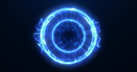 Abstract glowing sphere, energy ball shines brightly with rays of light, magic waves from particles and dots, atomic science abstract background, seamless loop.
