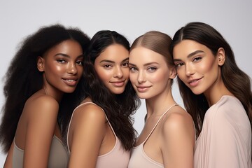 Obraz premium Photograph multiple models in a white studio backdrop, each showcasing unique cosmetics. Generated with AI