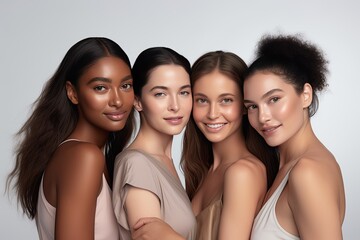 Photograph multiple models in a white studio backdrop, each showcasing unique cosmetics. Generated with AI