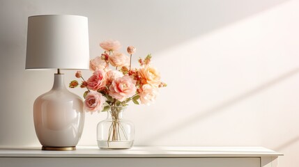 pink and white peonies flowers in a vase with modern lamp on a white background in a room, product display presentation background or backdrop