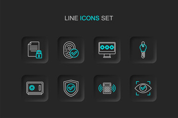 Set line Eye scan, Security keypad access panel, Shield with check mark, Safe, Key, Monitor password, Fingerprint and Document and lock icon. Vector