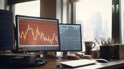 トレーダーの高層マンションオフィスでレートを分析　FX株取引 traders office analyzing rate chart stock market. Created by generative Ai 