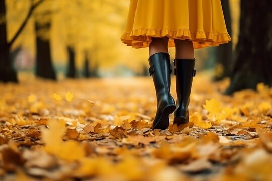 A girl walking in the park in autumn. Autumn theme concept. Generative AI