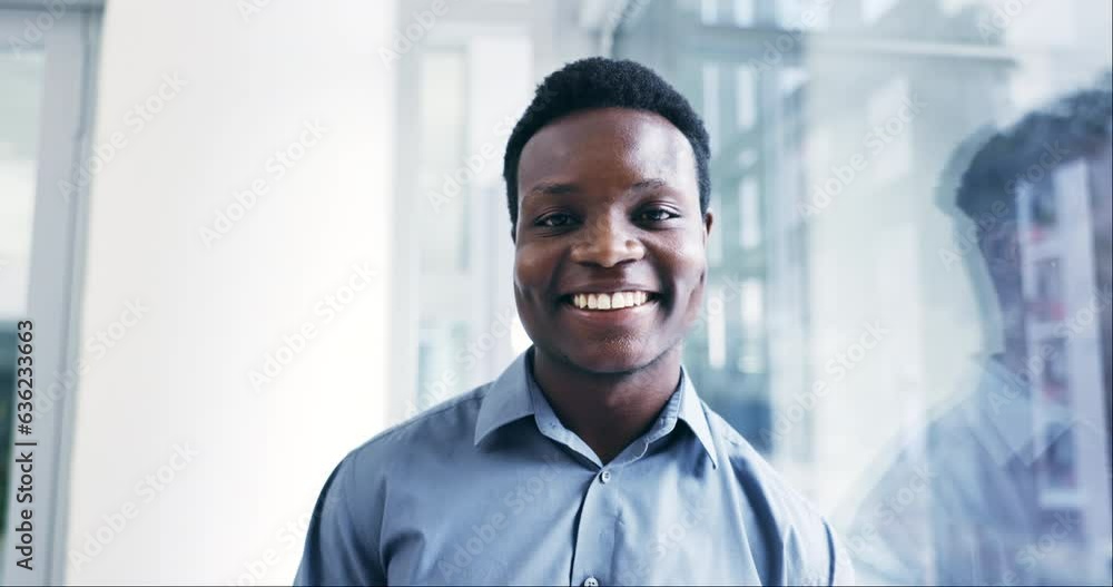 Poster Smile, face and a black man in an office with a phone for communication, social media and reading a chat. Happy, window and portrait of an African employee with a mobile for contact and connection