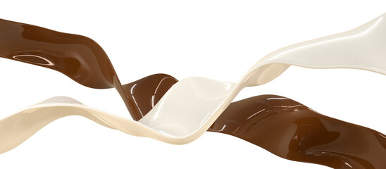 Milk and chocolate flows, white and brown waves of cream, yogurt and dark hot choco with liquid glossy texture 3d render. Sweet food, ganache sauce or syrup ribbons, design elements. 3D illustration